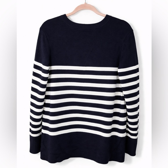 LOFT Women’s Navy & White Striped Sweater Size L Button Shoulder - Picture 2 of 7